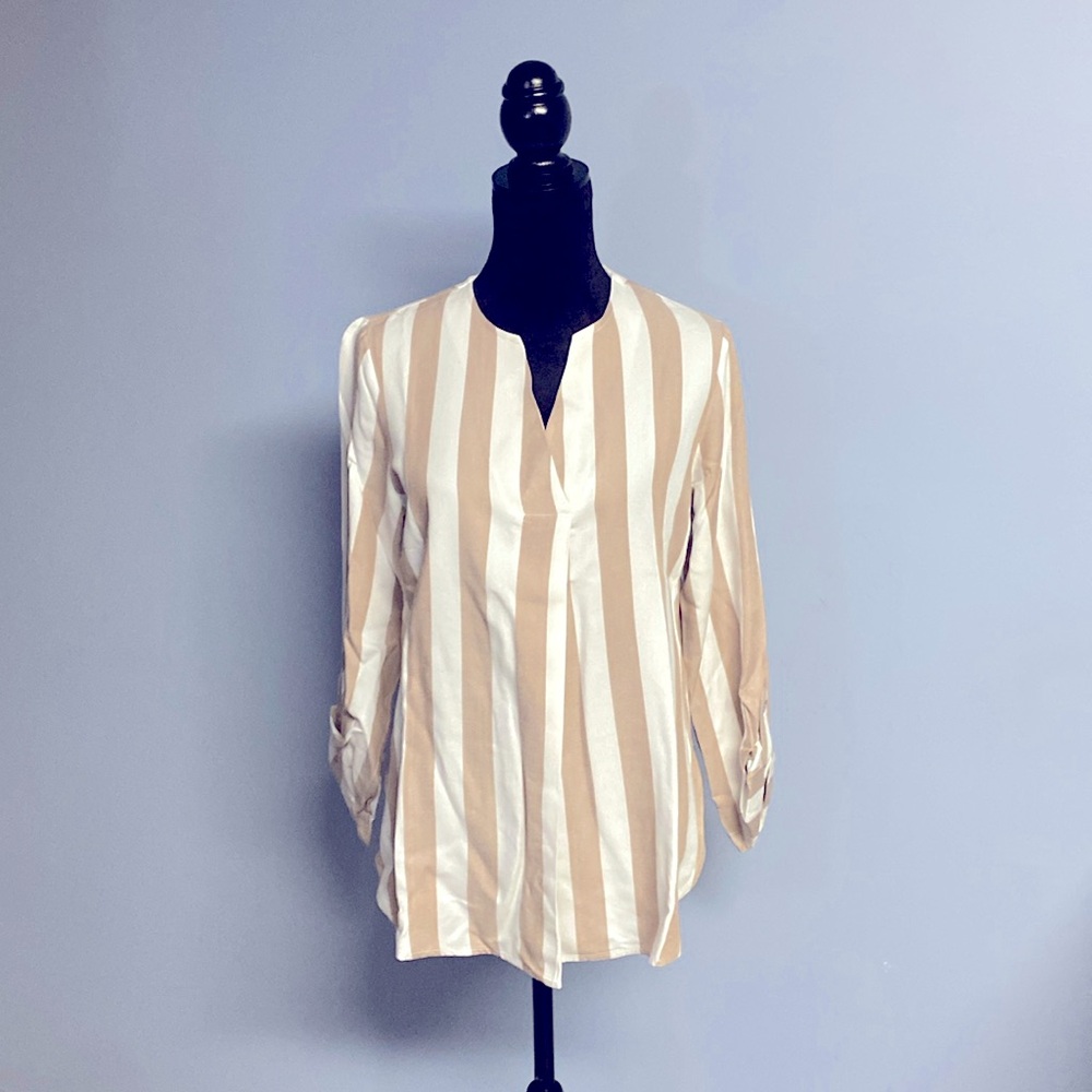 Tunic top by Ruby Rd in beige & white stripe. Soft light weight fabric.